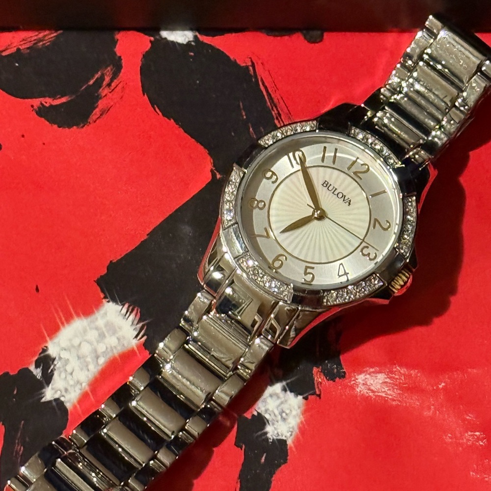 Bulova Women's Silver Tone Crystal Accent Watch with White Dial